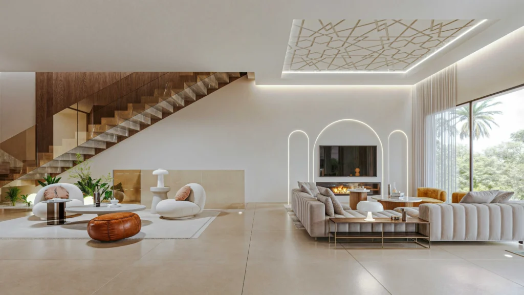 Magnifique villa de luxe entièrement aménagée avec du mobilier design, dans un style moderne et minimaliste rehaussé de touches de blanc et d'un escalier en bois.