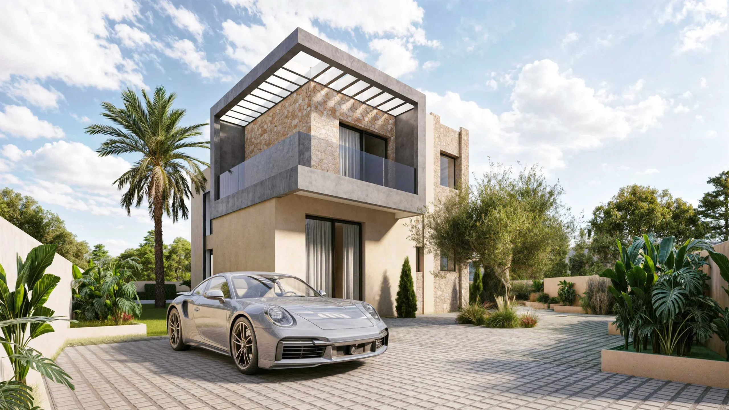 Construction d'une villa moderne à Marrakech avec piscine et architecture contemporaine.