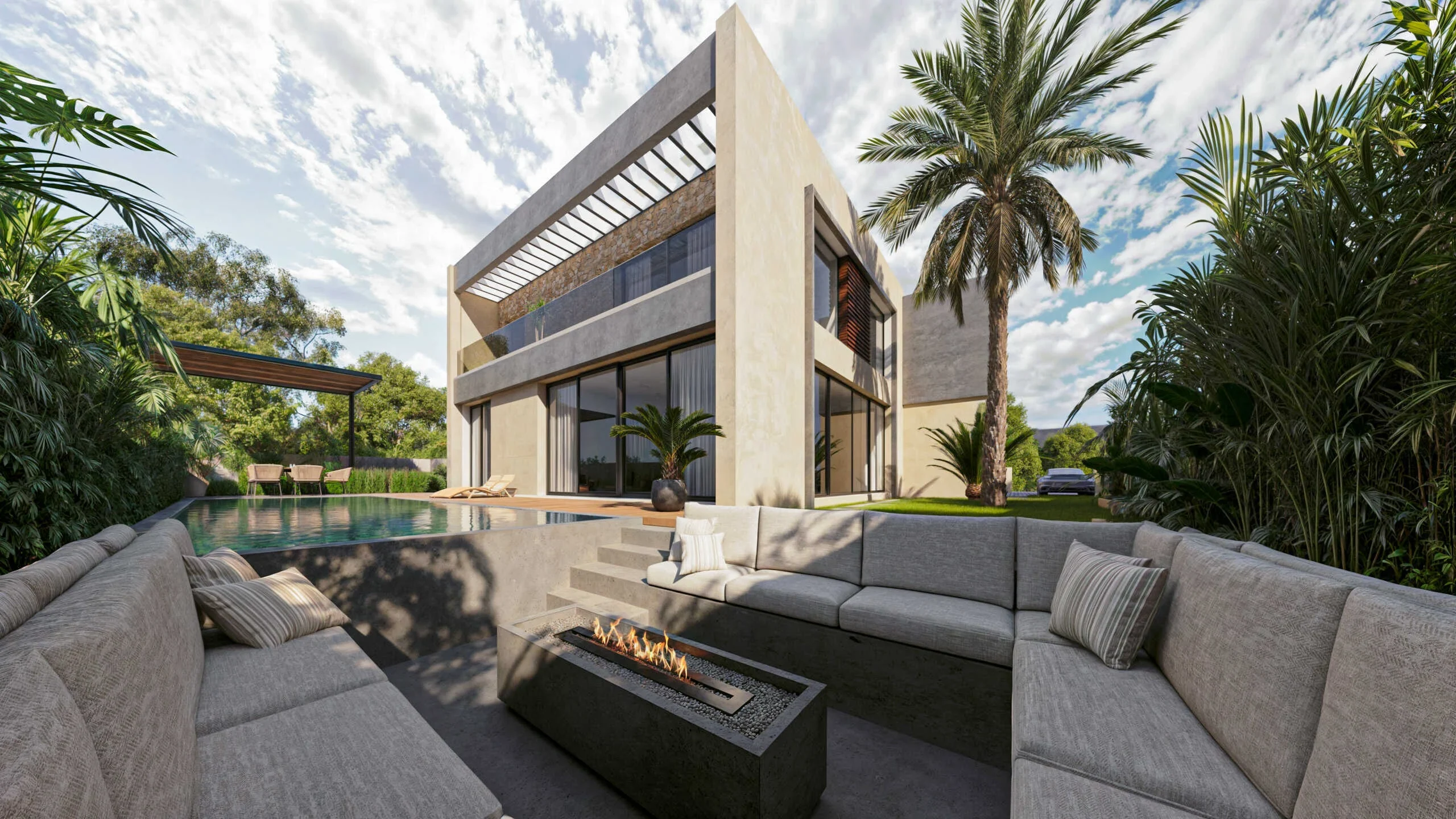 Exemple de réalisations de villas à Marrakech. Villa contemporaine avec terrasse lounge et piscine entourée de palmiers, projet de construction de villas à Marrakech